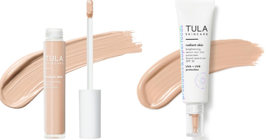 a tube of TULA Skin Care concealer and a tube of TULA Skin Care tinted serum with some of the makeup spread out behind them