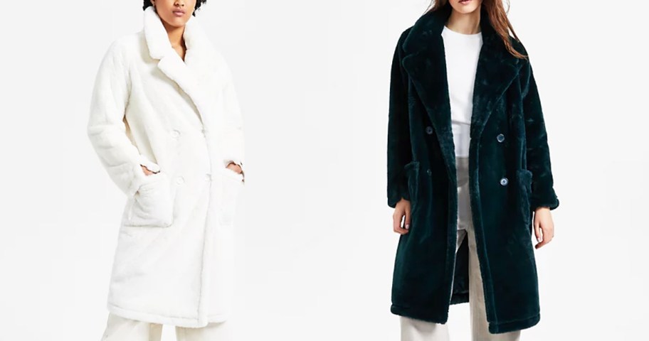 two women in white and dark green faux fur long coats