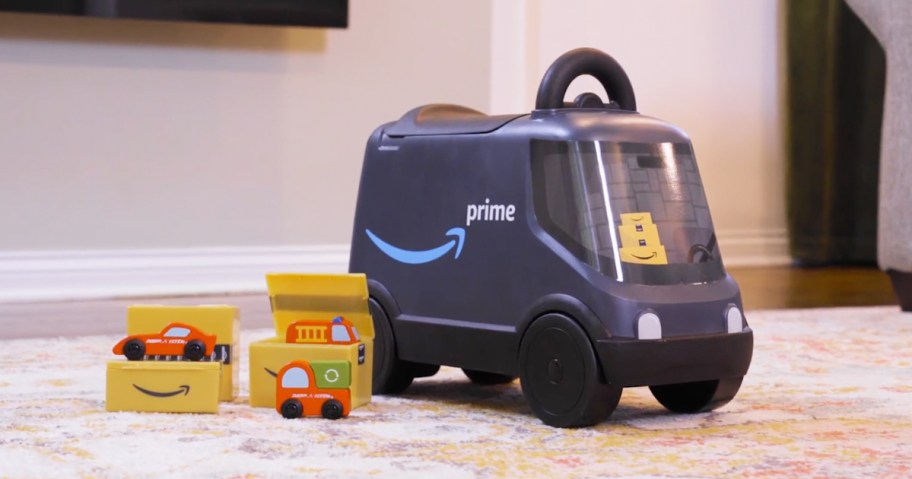 Radio Flyer Amazon Delivery Van ride-on toy with Amazon boxes and toy cars