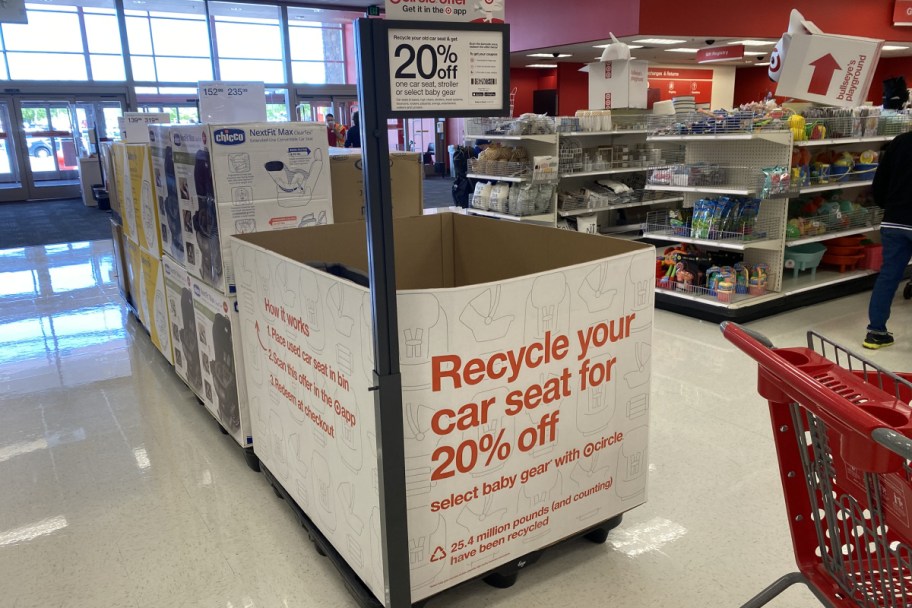 Target carseat drop off box with 20% off sign displayed