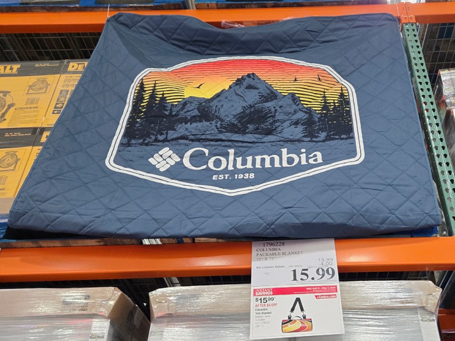 columbia blanket hanging in costco store