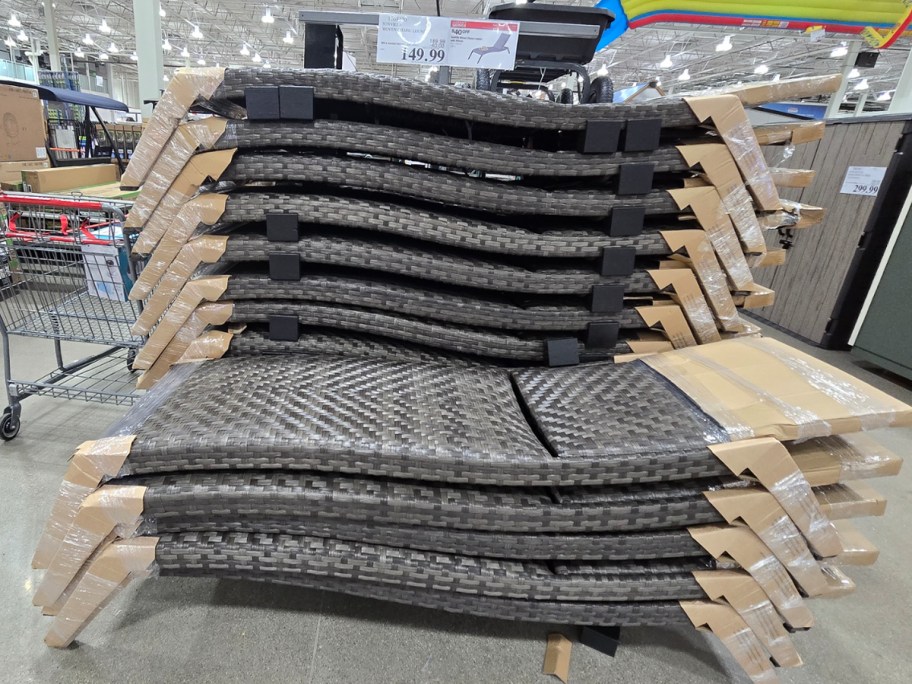 wicker lounge chairs stacked in costco