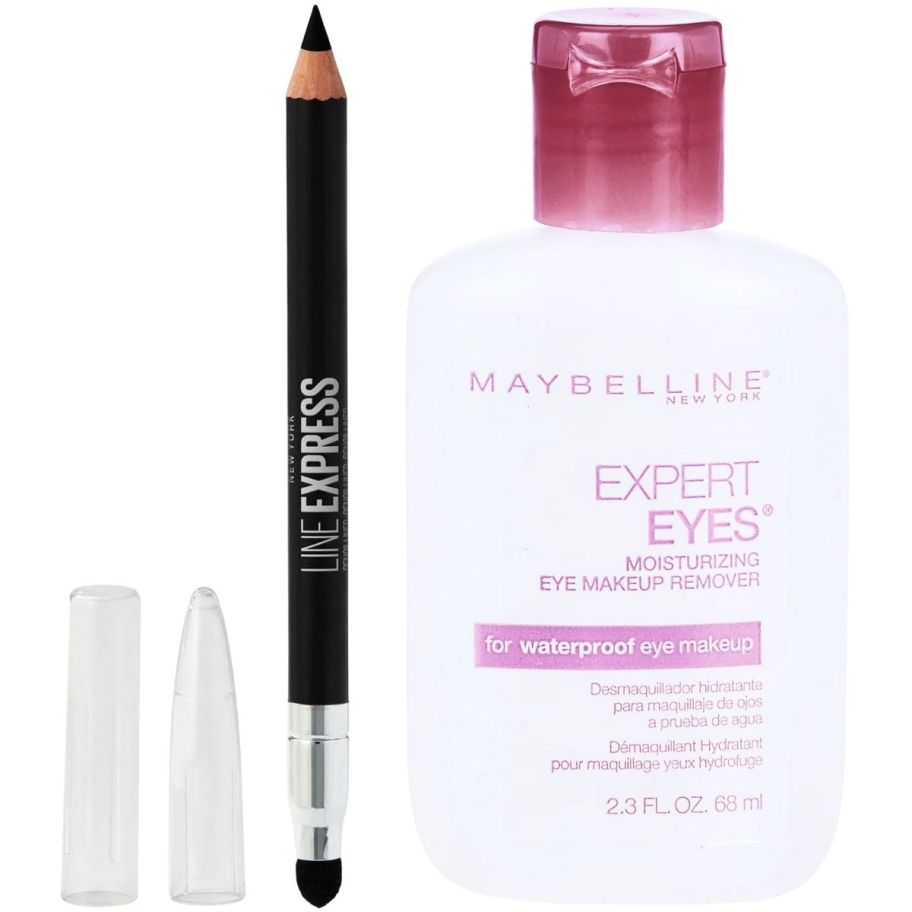 a black eyeliner pencil shown with a bottle of eye makeup remover