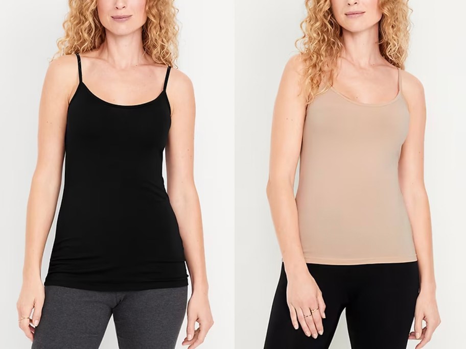 two women wearing black and beige tank tops 