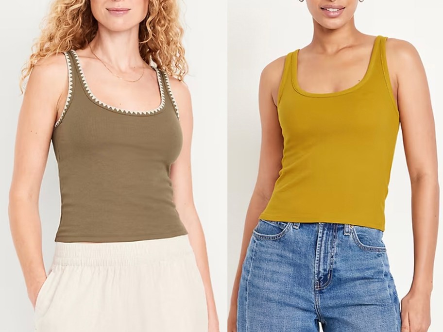 two women wearing green and yellow tank tops 
