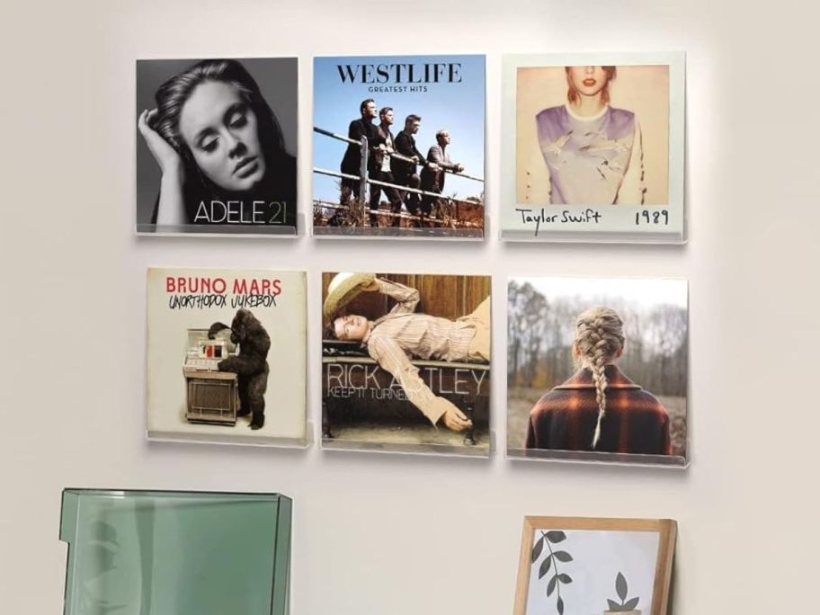 Vinyl Record Holder Shelf Mount 6-Pack on wall with records in them