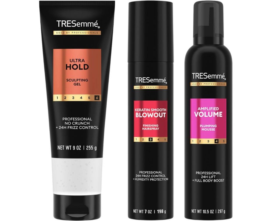 a tube of styling gel, and cans of hairspray and mousse