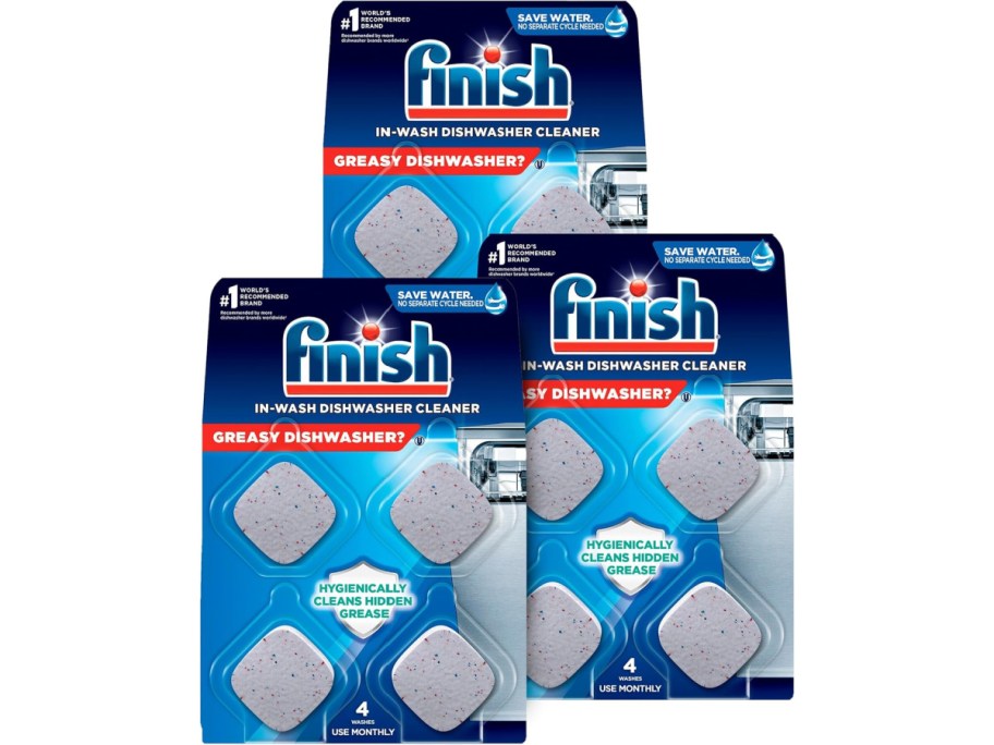 three packets of Finish Dishwasher Cleaner Tablets stacked up