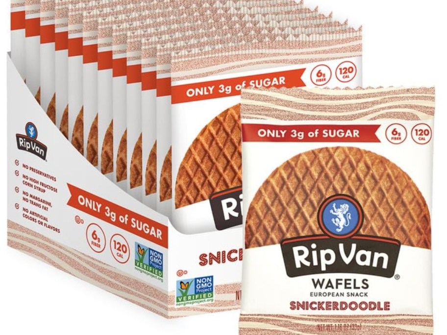 a 12-pack of individually wrapped Rip Van Wafels Snickerdoodle Stroopwafels