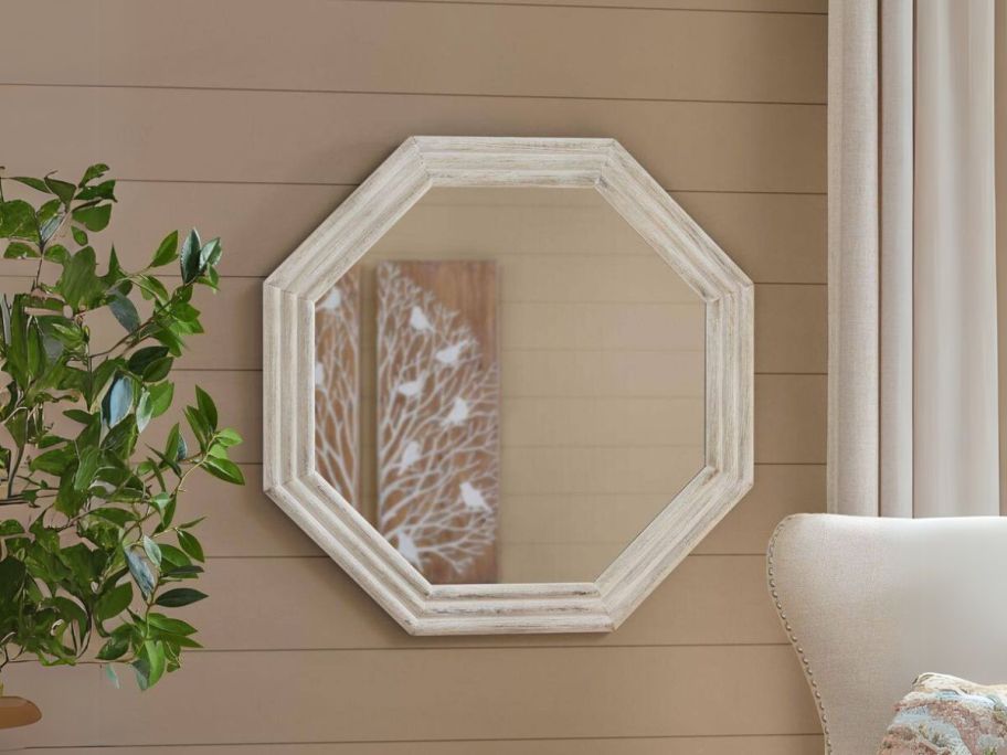 Home Decorators Collection Medium Modern Octagon White Wooden Framed Mirror on wall