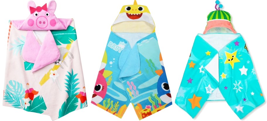 Peppa Pig, Baby Shark, and Cocomelon kids hooded towels