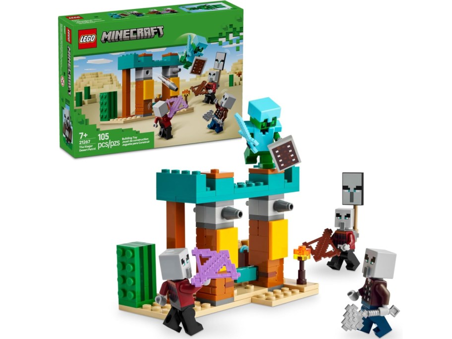 LEGO Minecraft The Illager Desert Patrol Toy Figures and Playset with its box behind it