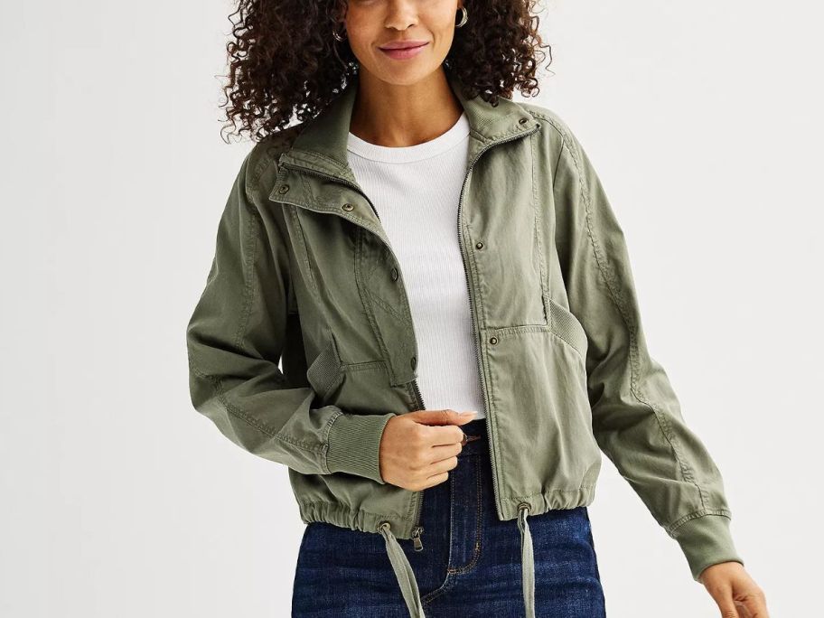 A woman wearing Sonoma Goods For Life Women's Zipped Utility Jacket