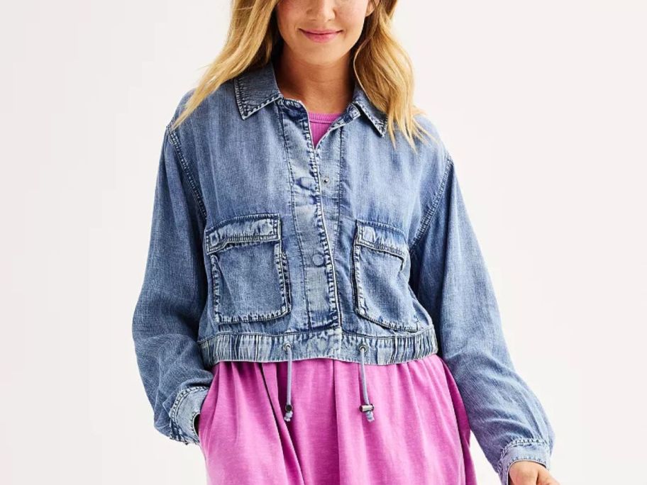 A woman wearing a Women's Sonoma Goods For Life Chambray Jacket