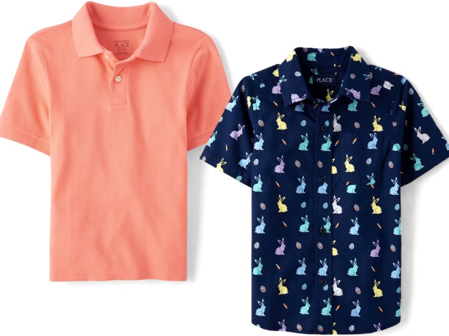 a boy's peach polo shirt and blue button down dress shirt with bunnies