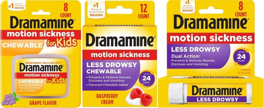 3 packages of dramamine motion sickness medication incuding childrens chewable, adult chewable and adult less drowsy