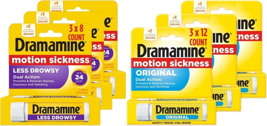 two 3-packs of dramamine motion sickness medications