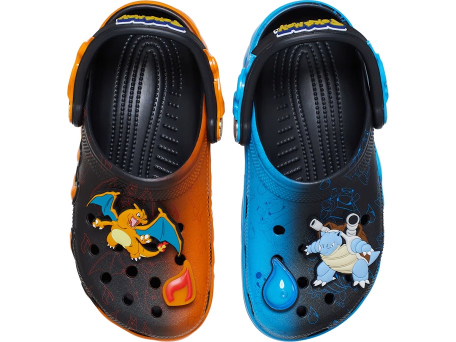 a pair of black and red and black and blue Pokemon Crocs clogs