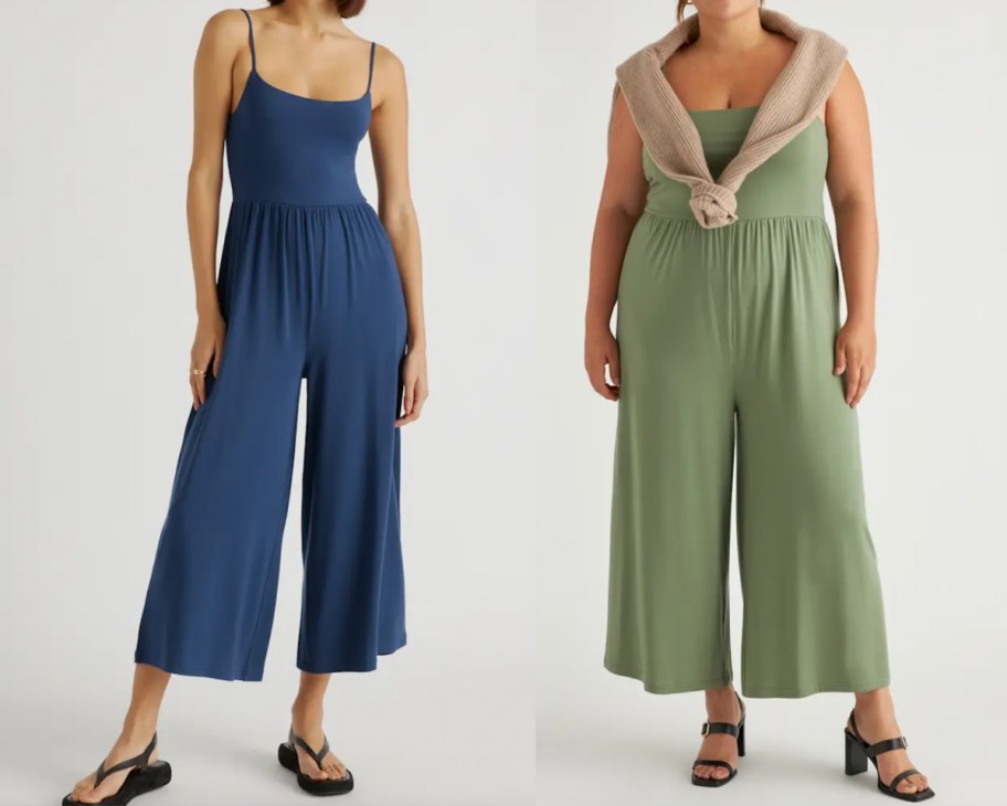 two women in navy and green jumpsuits