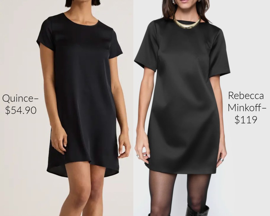 two women in black silk t shirt dresses