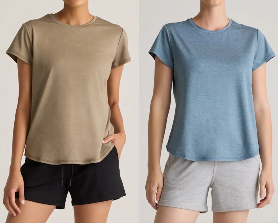 women in tan and blue t shirts