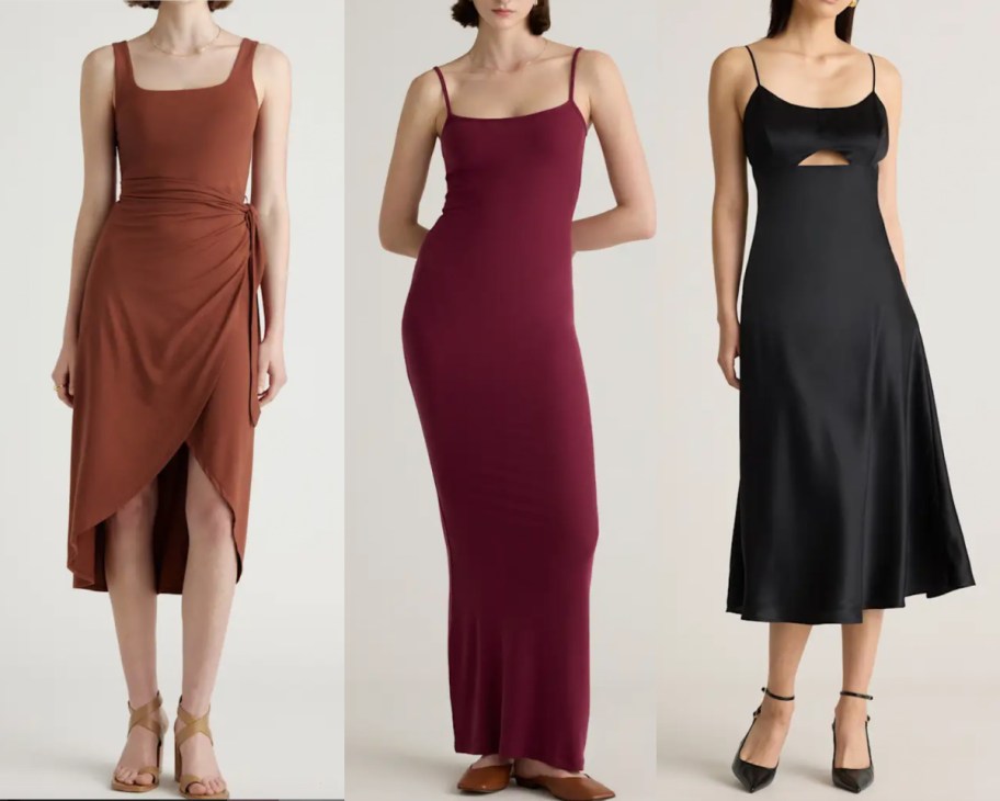 three women in tan, maroon, and black midi dresses