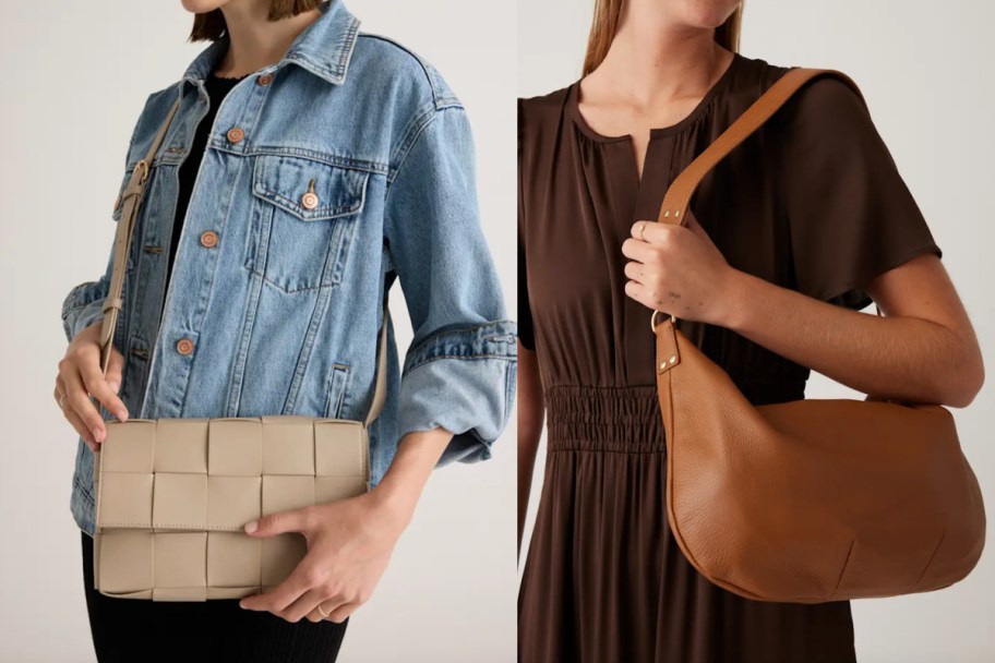 two women holding light tan and cognac leather purses