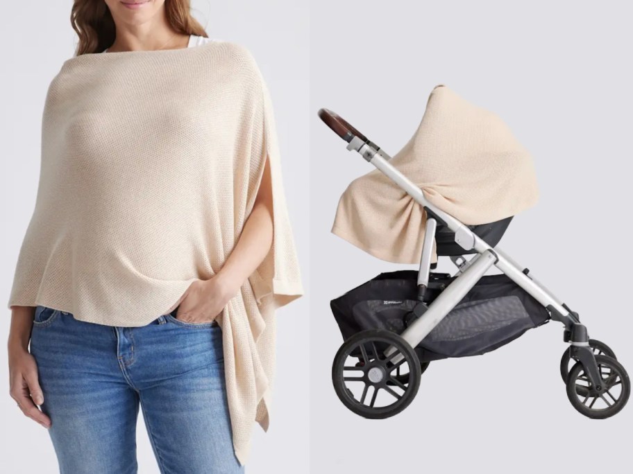 woman in nursing shawl next to covered stroller