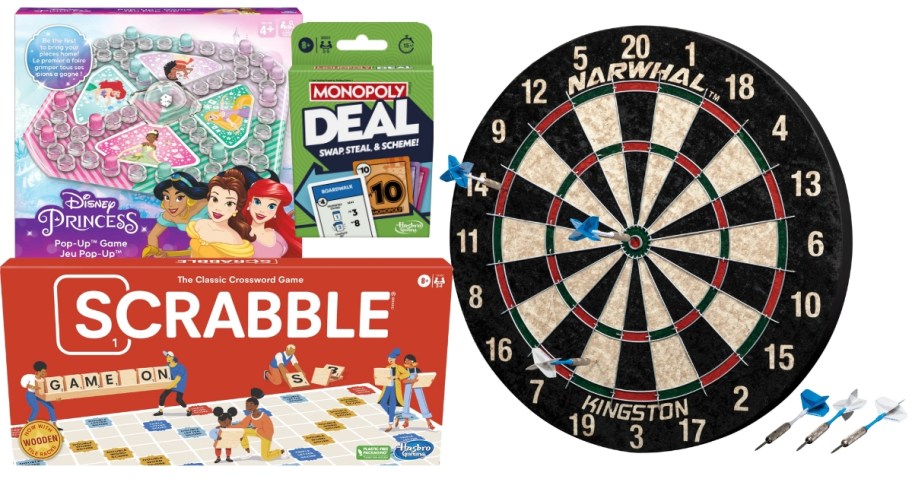 kids Disney Princess game, Scrabble game and Uno Wild Card game, and a black aand white dart board with blue darts