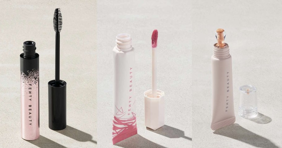 Fenty Beauty mascara, lip gloss, and eye brightener tubes