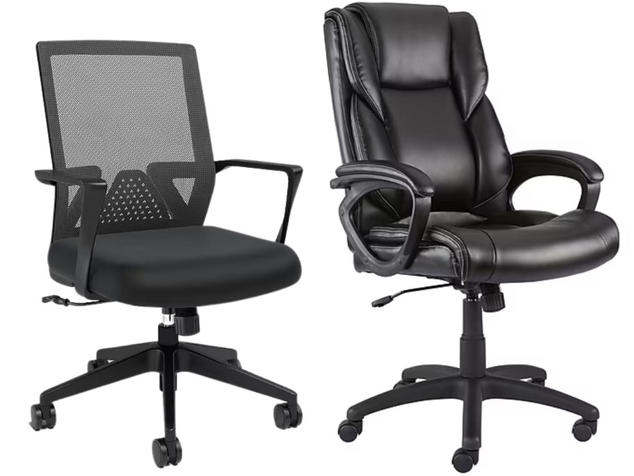 a mesh back black office chair and a faux leather executive style office chair, both have armrests and wheels