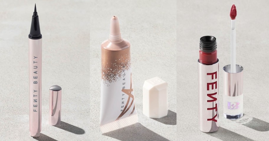 Fenty Beauty eyeliner, highlighter, and lipstick