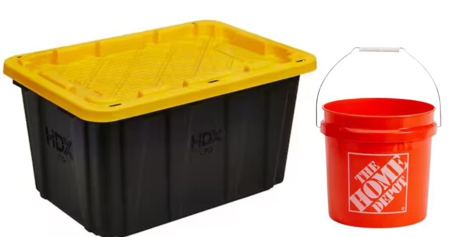 a large black storage tote with a yellow lid and a medium size orange Home Depot paint bucket