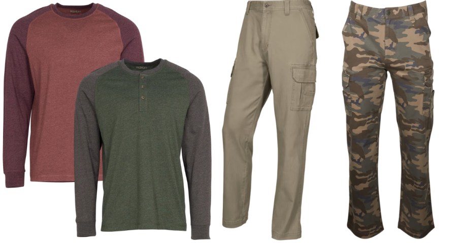 men's crew neck and henley shirts and tan and camo cargo pants
