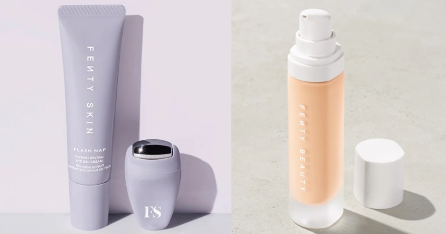 Fenty Beauty eye serum and roller and a bottle of liquid foundation