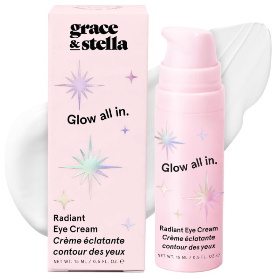 pink tube of eye cream next to product packaging