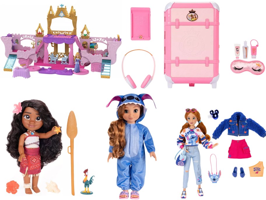 Disney Princess Carriage to Castle Transforming Playset, ILY 4ever Stitch 18in Doll, ILY 4ever Fashion Dolls, Princess Style Collection Deluxe Suitcase, and Moana 2 My Singing Friend