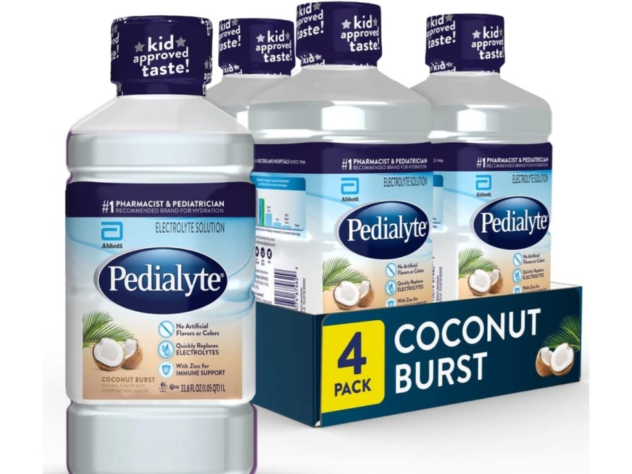 a 4 pack of Pedialyte Coconut Burst 33.8oz bottles