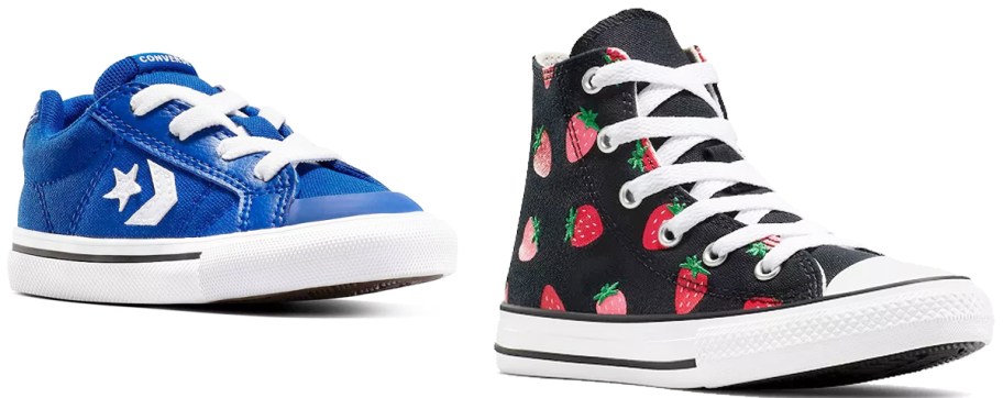blue and strawberry print converse shoes