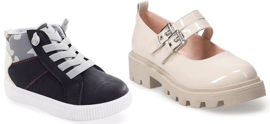 black boot and light pink mary jane shoe