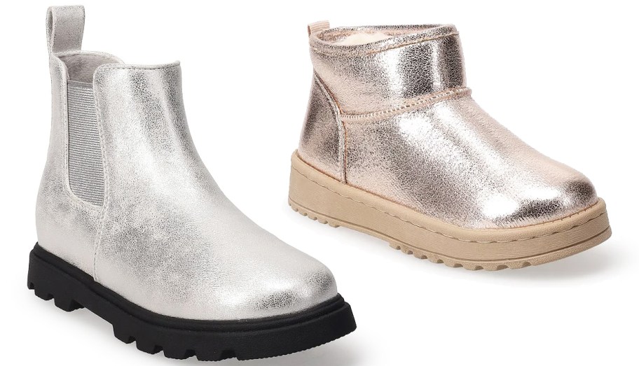 silver and rose gold winter boots