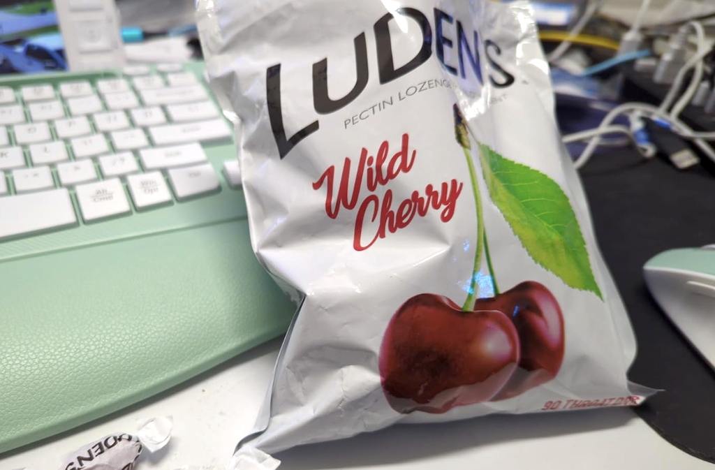 bag of cough drops leaning on keyboard