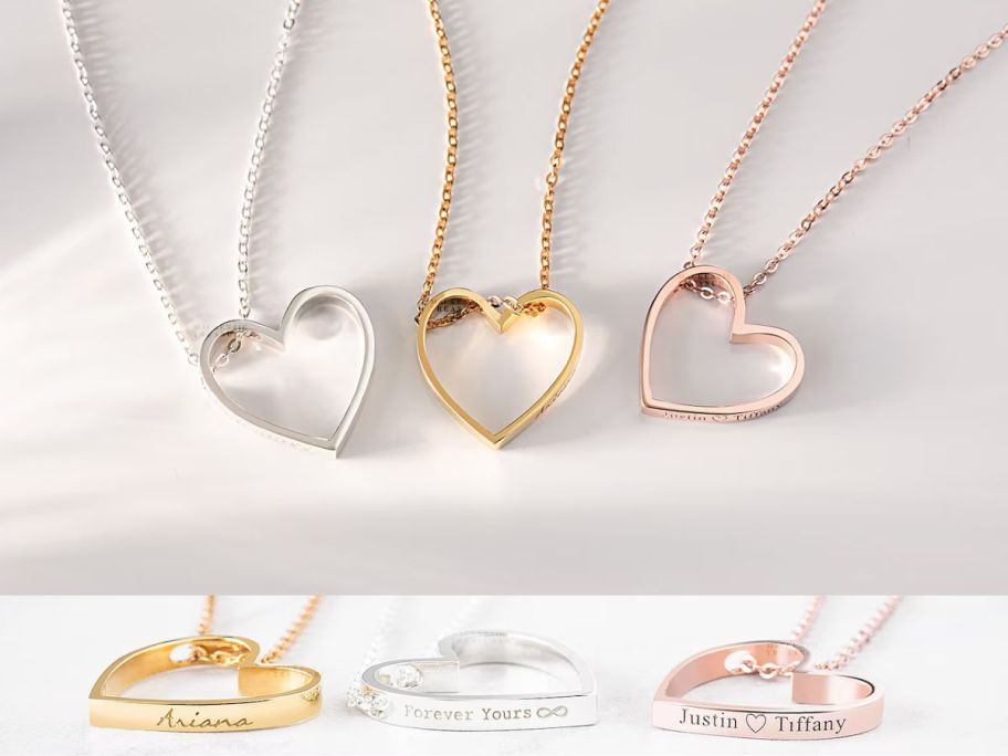 3 engraved heart necklaces