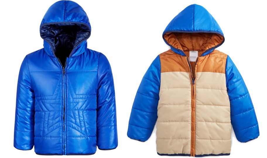 two blue puffer jackets