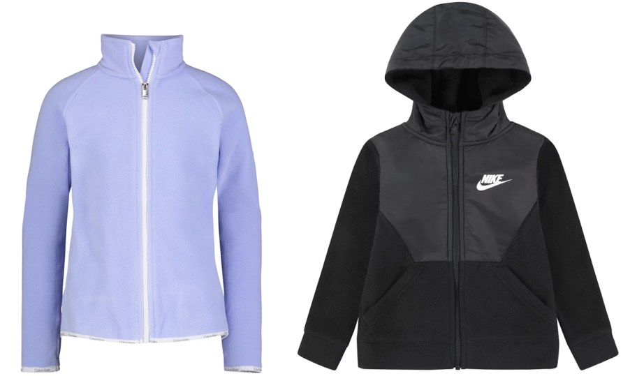 purple fleece zip up and black nike jacket