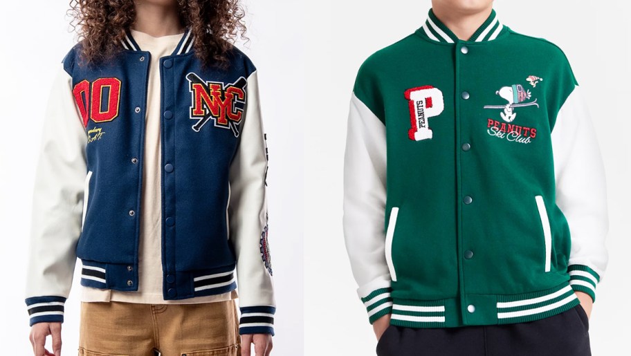 two boys in blue and green varsity jackets