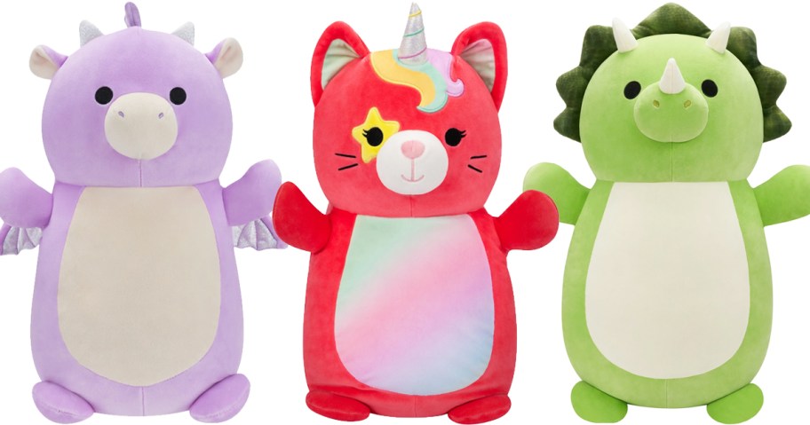 Squishmallows purple dragon, caticorn, and triceratops plush