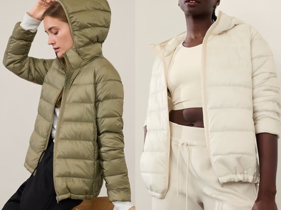 green and white puffer jackets