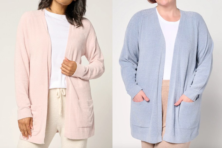 two women in pink and blue cardigans