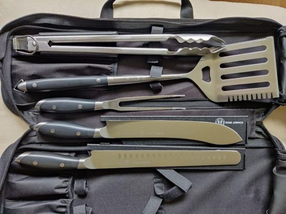 Schmidt Brothers 6-Piece BBQ Grilling Tool & Knife Set in Carrying Case on table